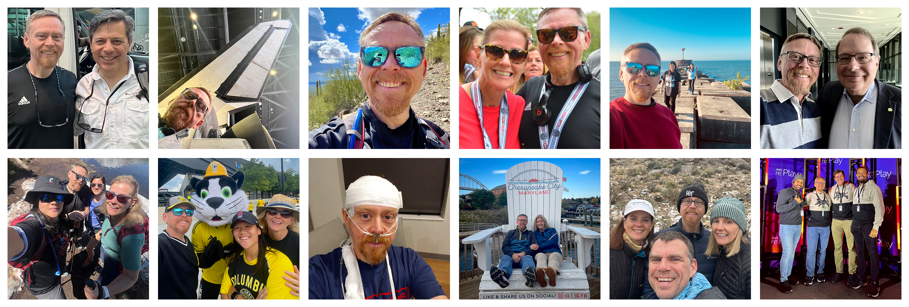 The year in twelve selfies: with Eduardo in Quito, Ecuador (January); with Atlantis, Kennedy Space Center (February); hiking in Tucson, Arizona (March); with Marlene after the Ohio State Four Miler (April); along the Fairport Harbor West Breakwater (May); with Steve Steinour (June); with the Family at Mount Rainier (July); with Marlene, Eli, and Crew Cat before a Columbus Crew game (August); during the Cleveland Clinic Brain Study (September); with Marlene in Chesapeake City, Maryland (October); with Marlene, Kristen, and Alan in Albuquerque, New Mexico (November); with Raghu, Tim, and Bobby in Las Vegas, Nevada (December)